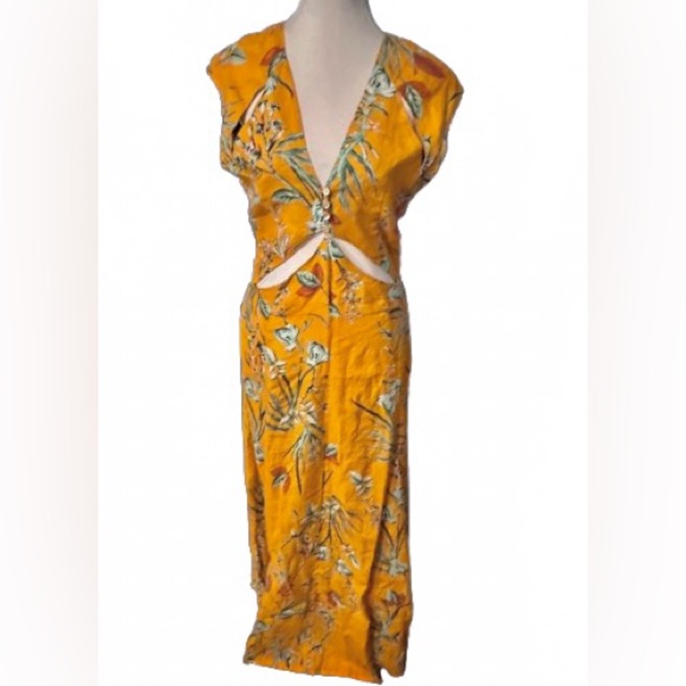 NWT Lanhtropy Pearl 100% Linen Cut Out Maxi Dress Tropical Designer Floral NEW